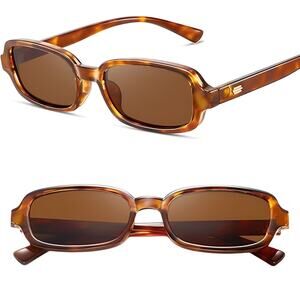 Retro 90s Small Rectangle Sunglasses with Yellow Tortoise Frame & Brown Lens